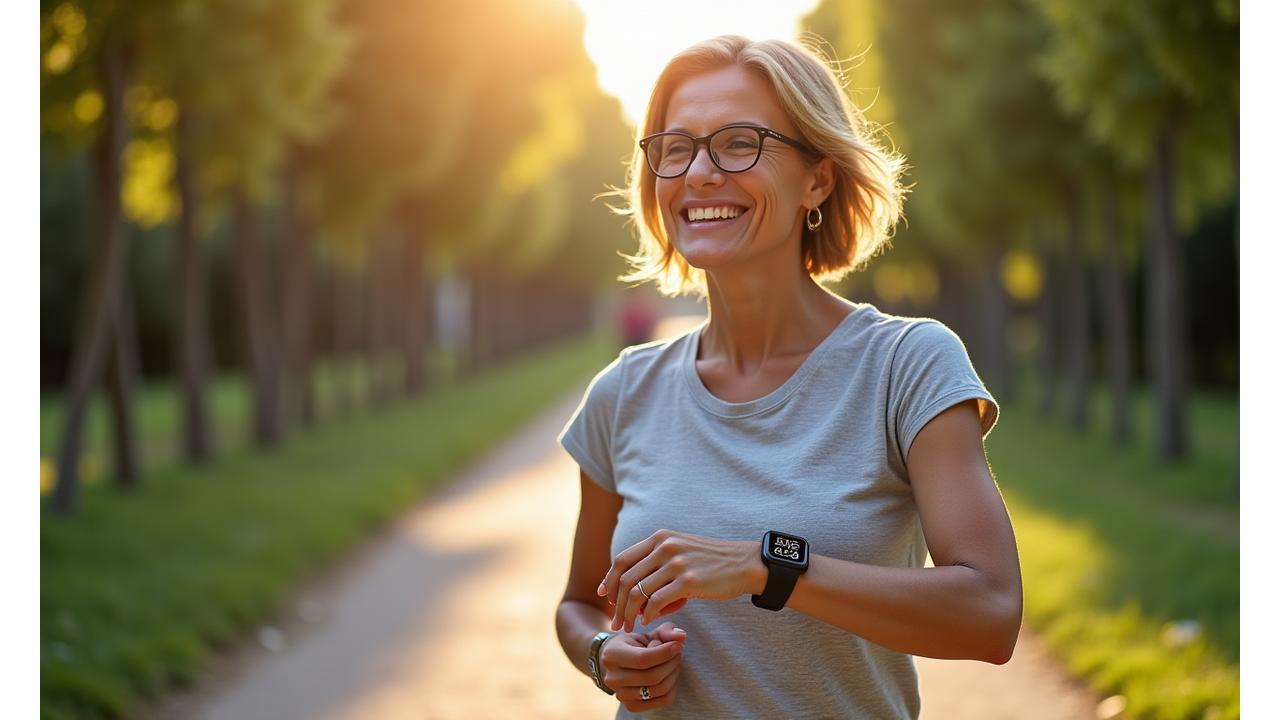 Mujer sonriendo mientras consulta datos de su smartwatch durante un paseo matutino
