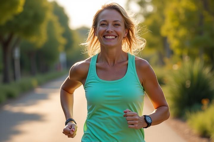 Ana, 45 años, sonriendo y activa durante una caminata al aire libre.