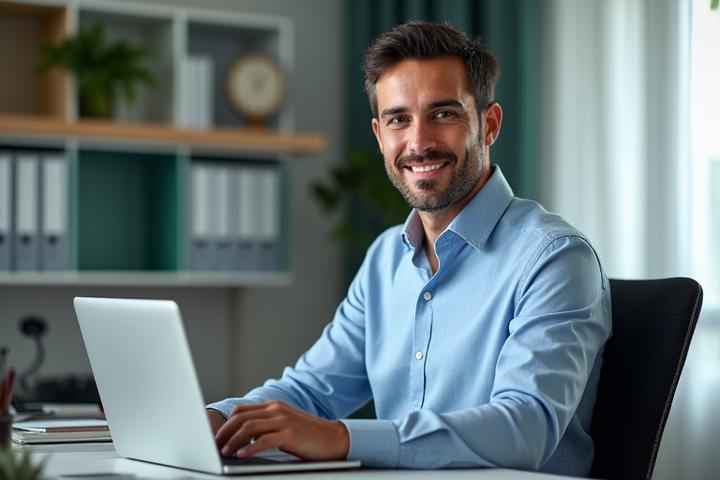 Carlos, 38 años, trabajando concentrado en su ordenador en una oficina moderna.