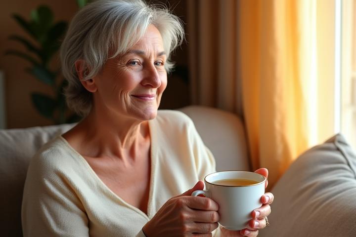 María, 42 años, sonriendo con paz, sosteniendo una taza de té.