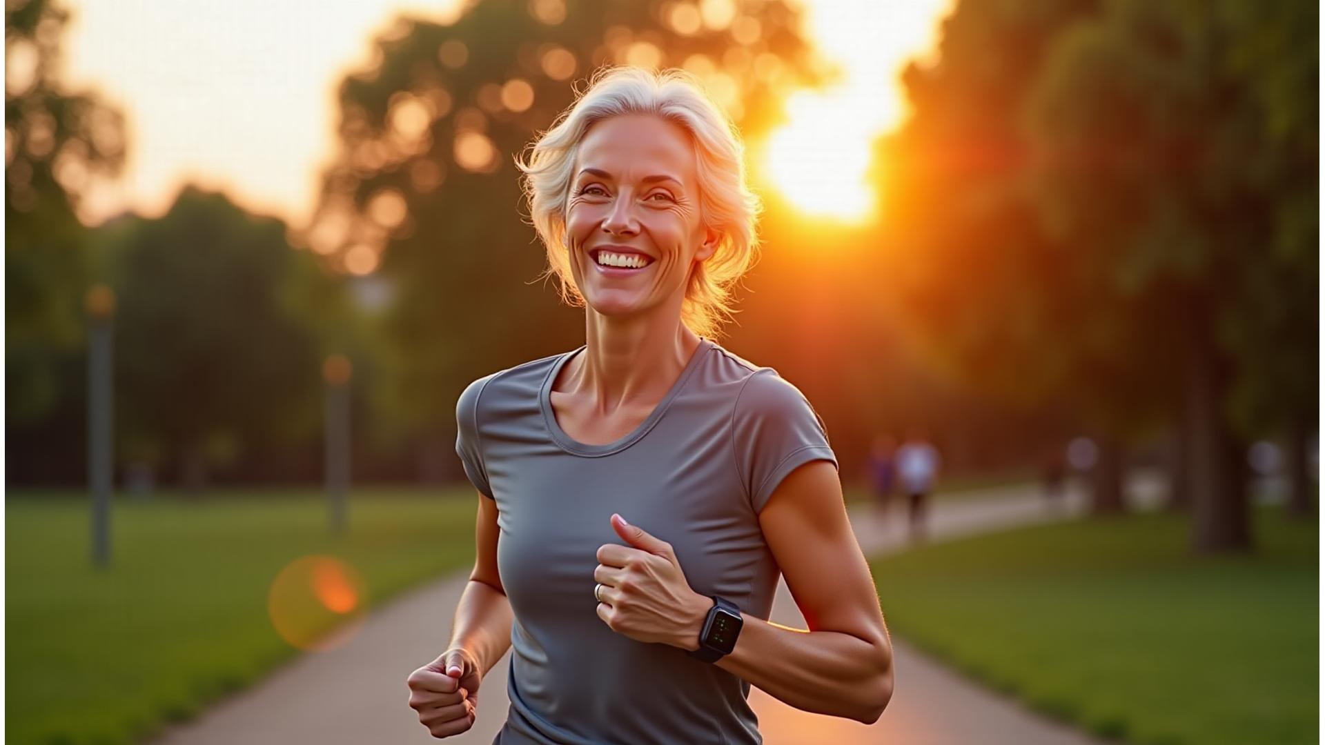 Mujer sonriendo y usando un reloj inteligente mientras trota al amanecer, simbolizando bienestar y tecnología integrada.