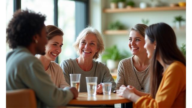 Grupo de personas de mediana edad interactuando y riendo en un café