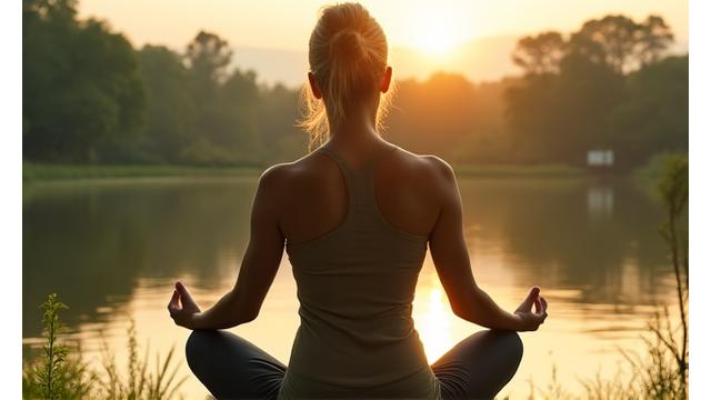 Persona de mediana edad practicando yoga mindfulness al aire libre en un entorno natural