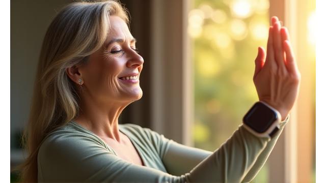 Persona de mediana edad meditando con un reloj inteligente en la muñeca