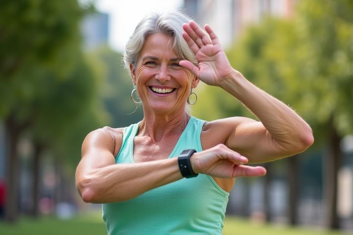 Mujer 40s sonriendo y estirando al aire libre, con tecnología wearable en su muñeca