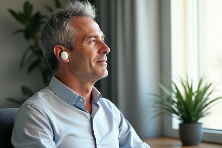 Hombre de mediana edad practicando meditación con auriculares, reflejando calma y concentración.